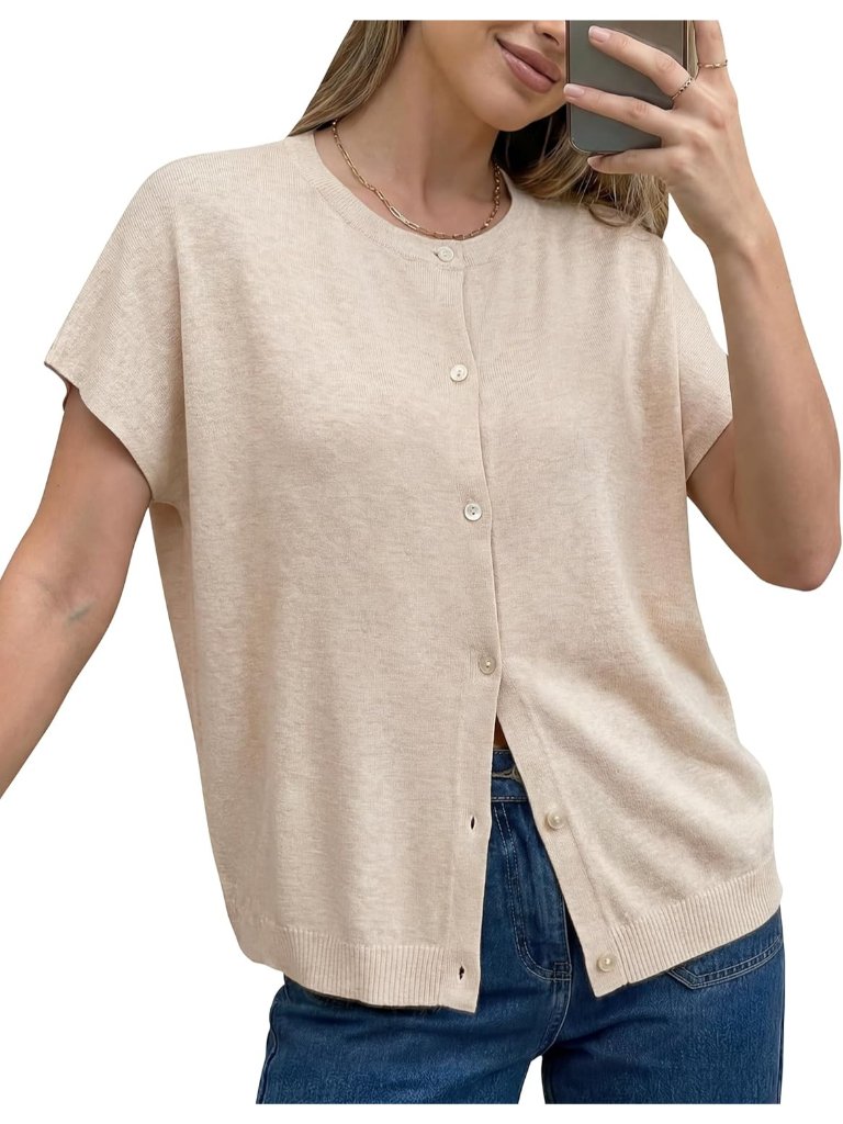 Women's Apricot Short Sleeve Wool Blend Oversized Imported Casual Sweaters Tops